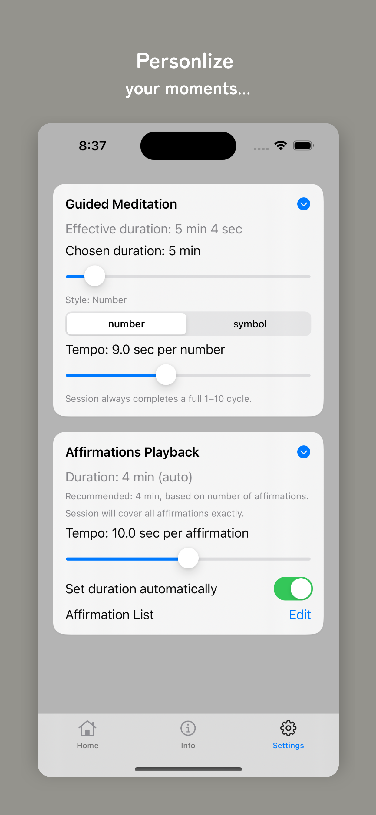 IamZen settings screen